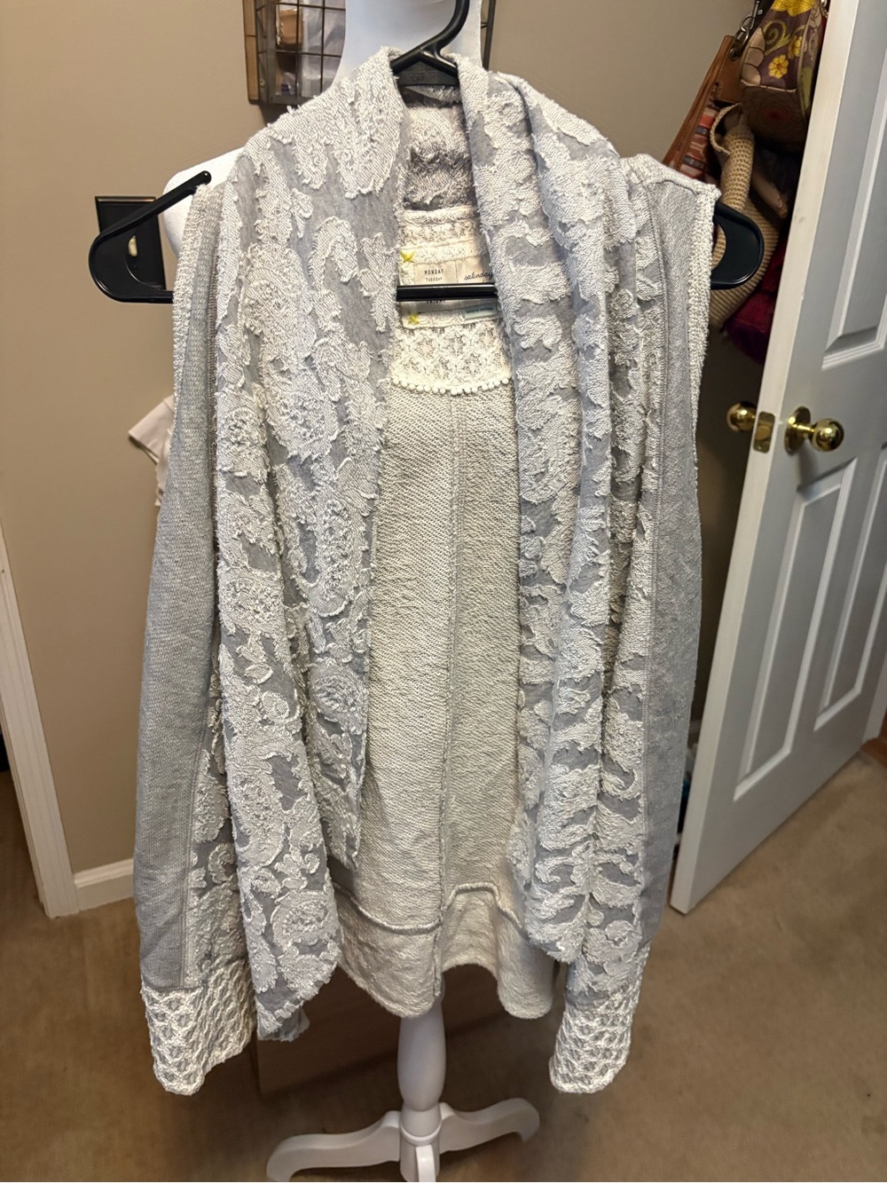 Anthropologie Light Gray Lace-Trim Open Cardigan Vest
